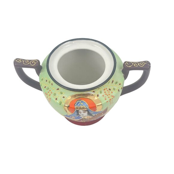 Vintage Satsuma Hand Painted Japanese Immortals Sugar Bowl with Handles and Lid - Picture 7 of 11